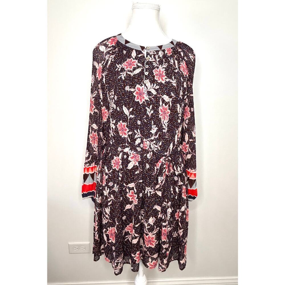 DR Floral Swing Dress Sz L Semi-sheer Sleeves Chic Boho Peasant Chocolate Brown